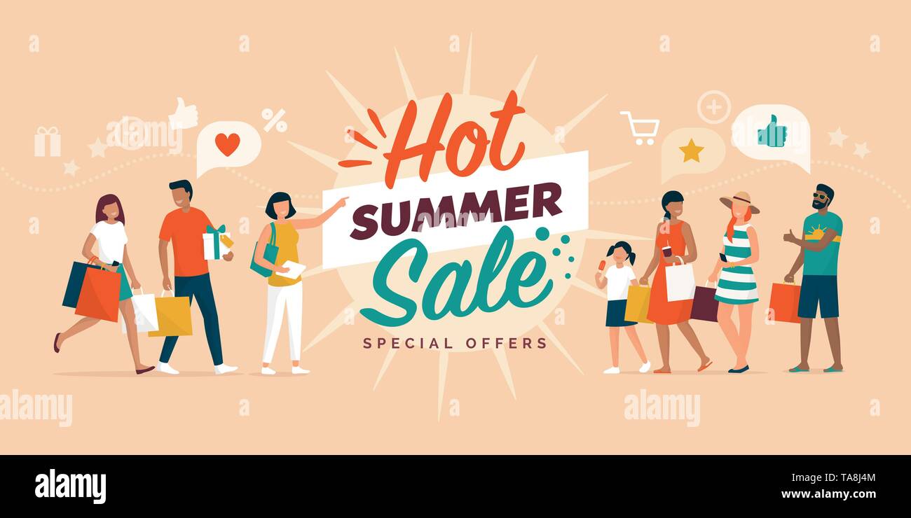 Hot Summer Sale Werbemittel Banner mit glücklichen Menschen zusammen Einkaufen und Shopping Taschen Stock Vektor