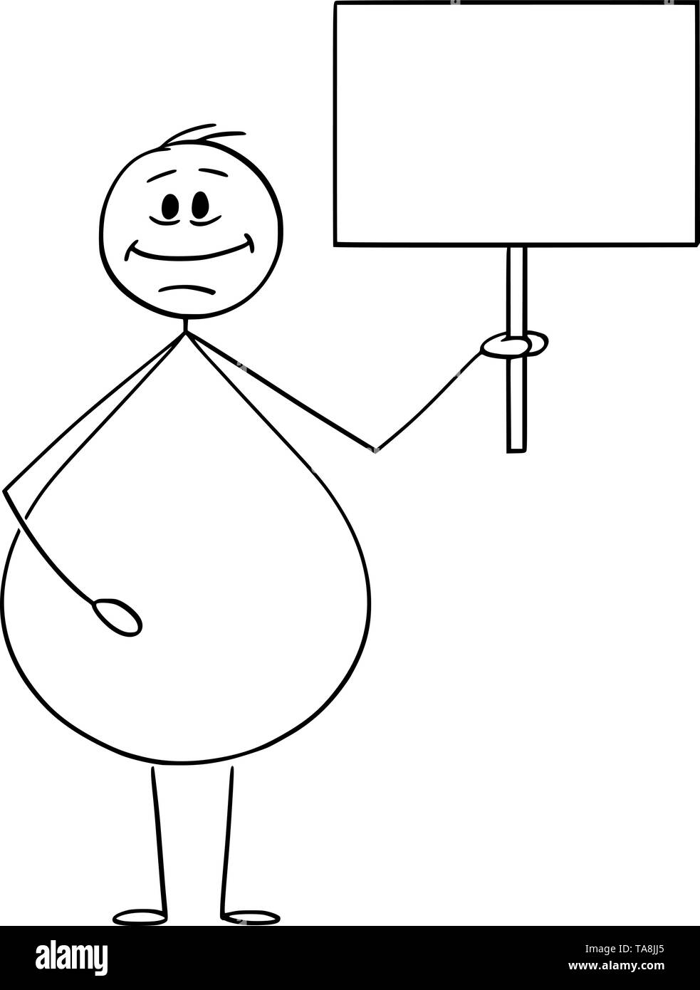 Vektor cartoon Strichmännchen Zeichnen konzeptionelle Darstellung der lächelnden übergewichtig oder fettleibig Mann mit leeren Zeichen bereit für ihren Text. Stock Vektor