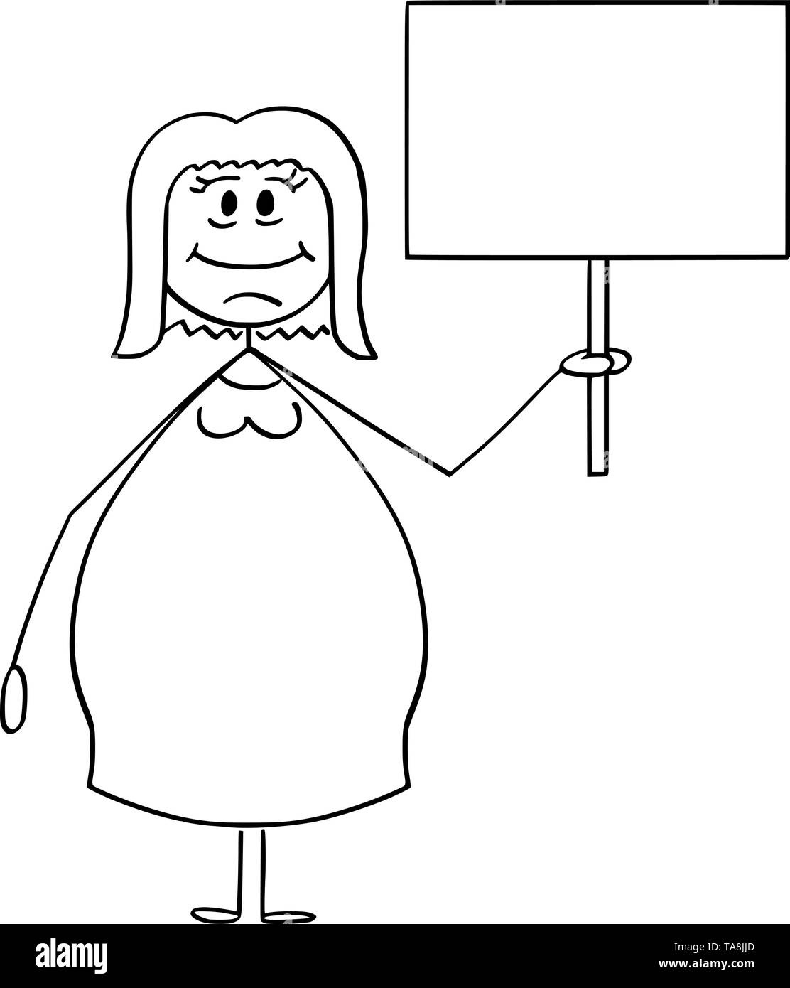 Vektor cartoon Strichmännchen Zeichnen konzeptionelle Darstellung der lächelnden übergewichtig oder fettleibig Frau mit leeren Zeichen bereit für ihren Text. Stock Vektor