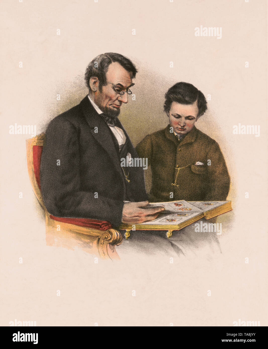 Abraham Lincoln und seinem Sohn Thad, Lithographie, erstellt von einem Foto von Anthony Berger, durch L. Prang, Boston, Mass., 1864 veröffentlicht. Stockfoto