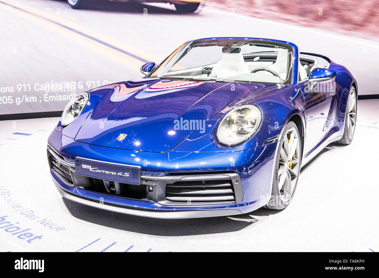 Genf, Schweiz, März 07, 2019 alle neuen Porsche 911 Carrera 4S Cabrio 8th-gen am Internationalen Automobilsalon in Genf, 992 Wagen der Serie von Porsche Stockfoto