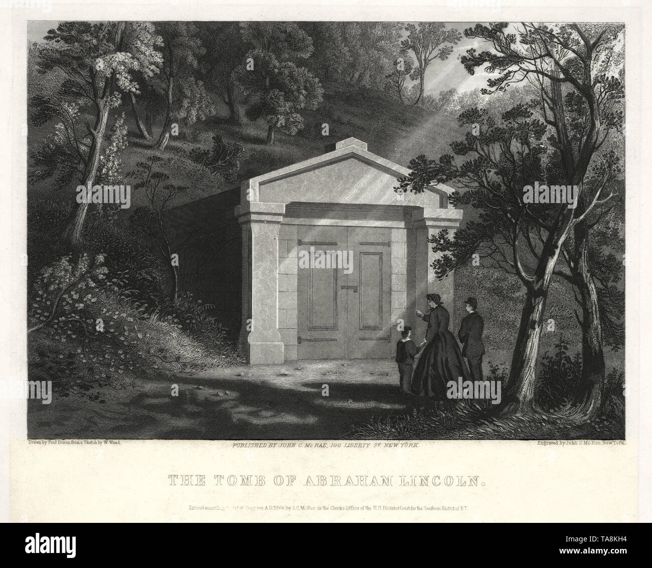 Das Grab von Abraham Lincoln, gezeichnet von Paul Dixon aus einer Skizze von W. Ward, graviert und von John C. McRae, 1866 veröffentlicht. Stockfoto