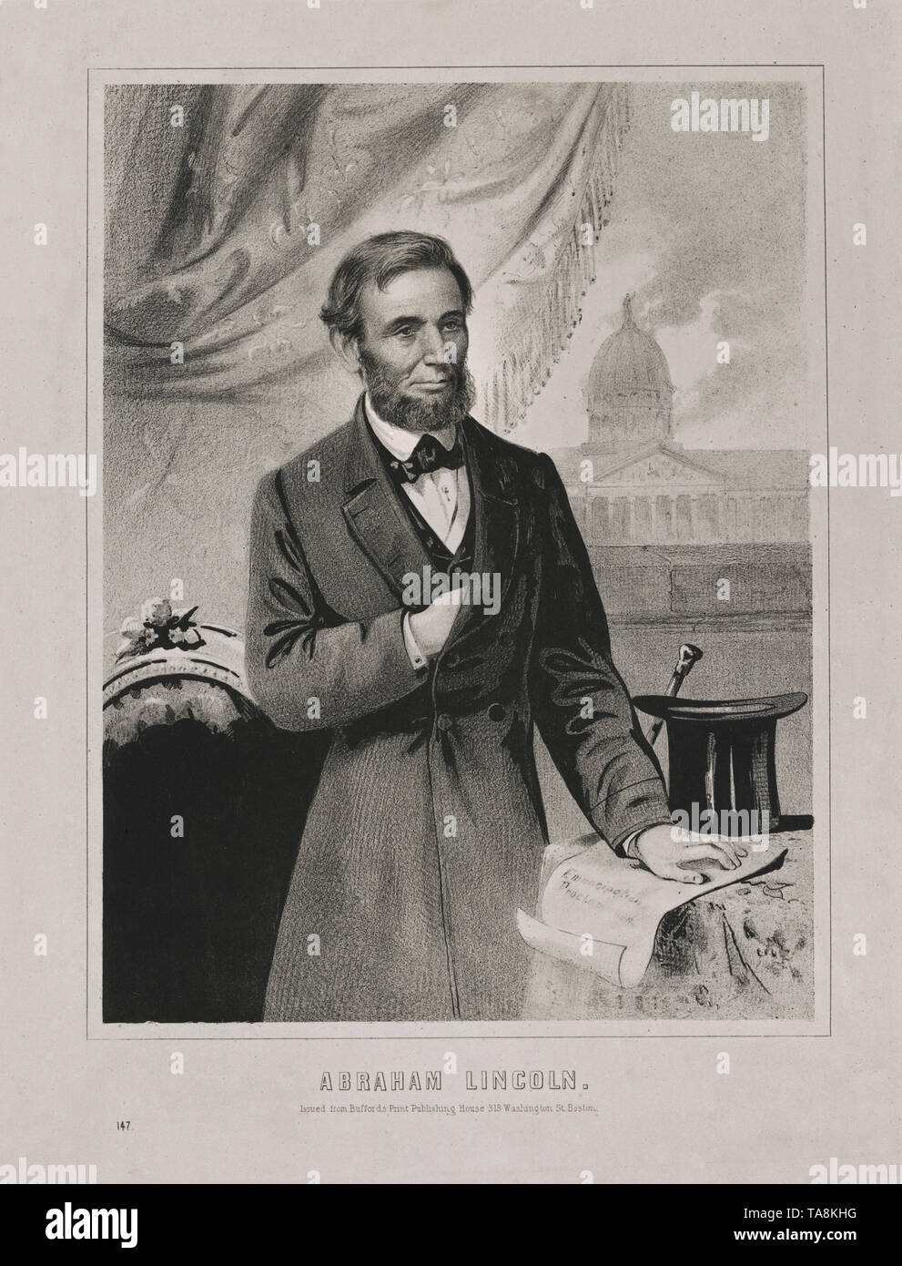 Abraham Lincoln, Three-Quarter Länge Porträt mit Hand auf Emanzipations-proklamation, von John H. Bufford, 1862 veröffentlicht. Stockfoto