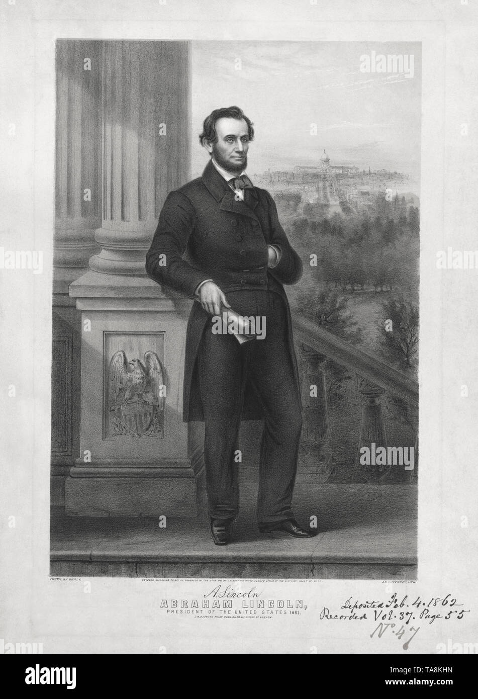 Abraham Lincoln, in voller Länge Porträt mit Hand auf Emanzipations-proklamation, von John H. Bufford, 1862 veröffentlicht. Stockfoto