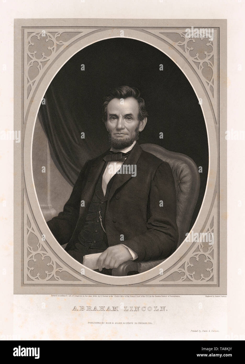 Abraham Lincoln, Gravur von Samuel Sartain, Gedruckt von Irwin & Sartain, von Reis & Allen, Chicago, Illinois, 1864 veröffentlicht. Stockfoto