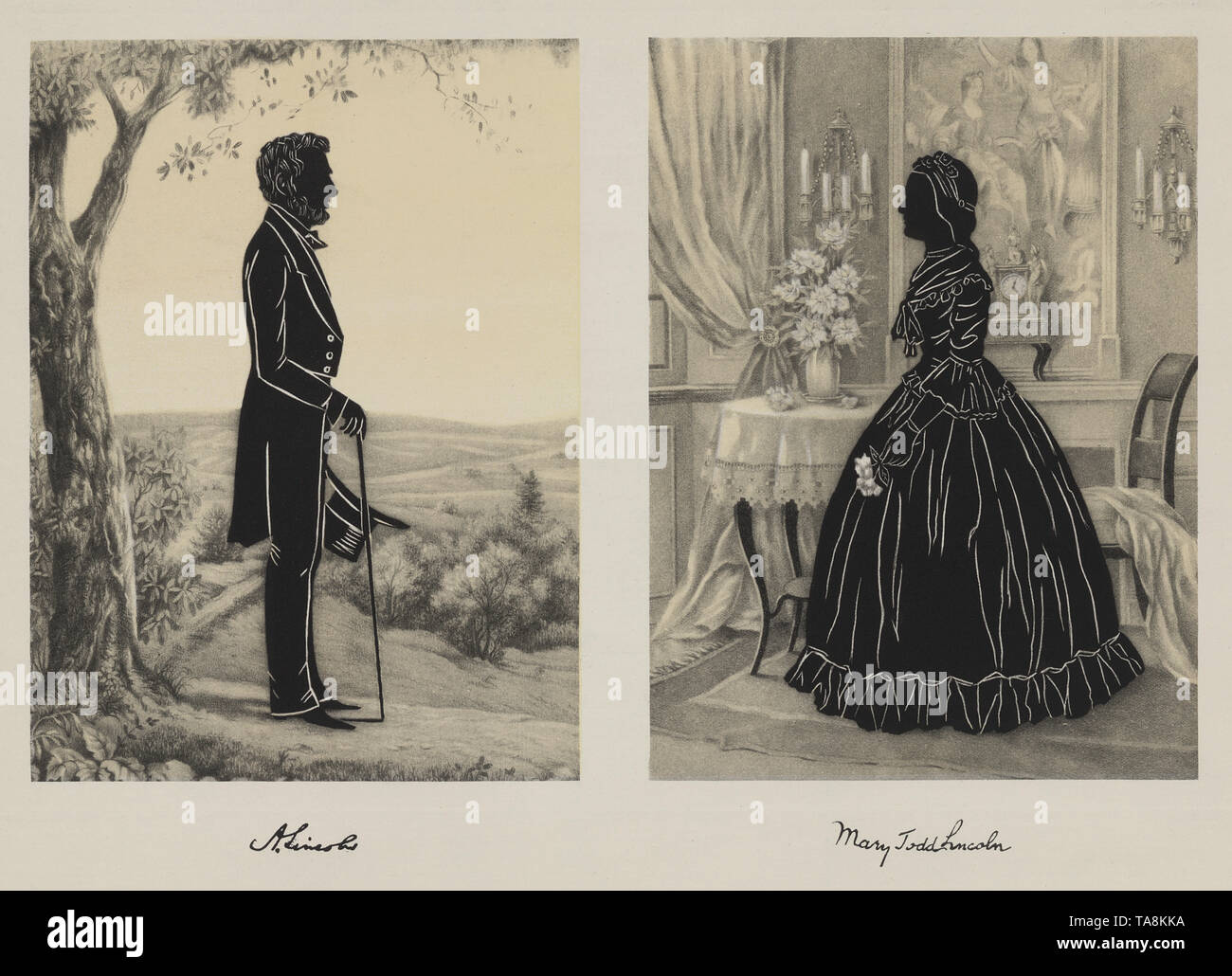 Silhouette Porträts von Abraham und Mary Todd Lincoln, von Morris & Bendein, Inc. veröffentlicht, Anfang 1900 Stockfoto