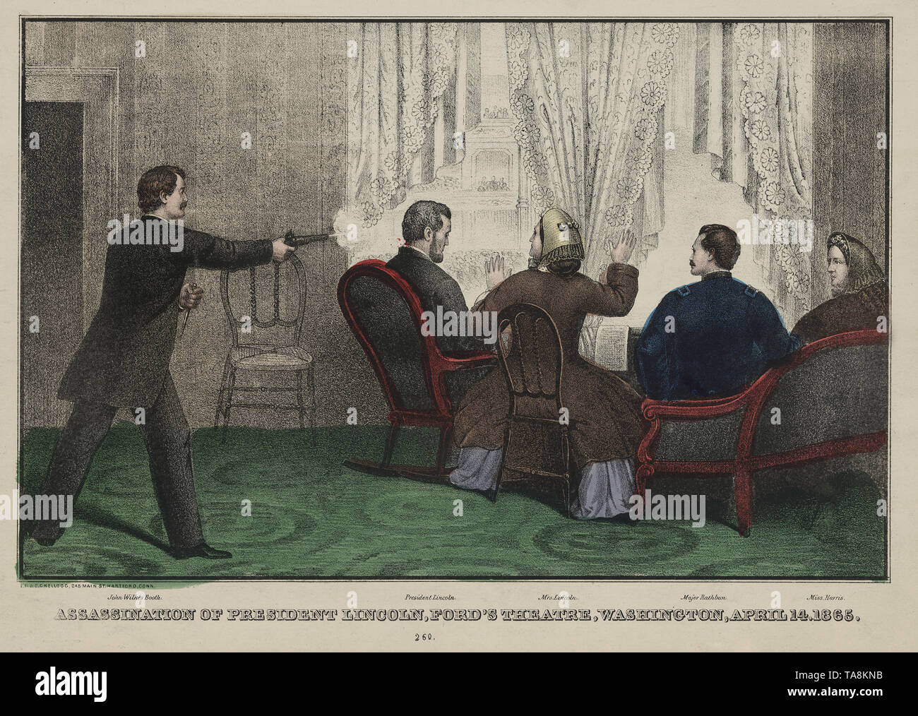 Ermordung von Präsident Lincoln, Ford's Theater, Washington, April 14, 1865, veröffentlicht von E.B. & E.C. Kellogg, 1865 Stockfoto