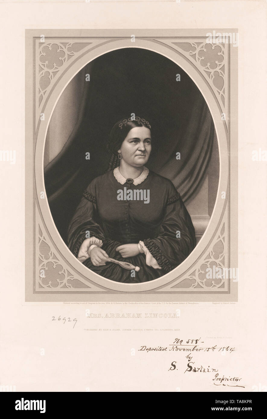 Halber Baulänge sein Porträt von Frau Abraham Lincoln, Gravur von Samuel Sartain, von Reis & Allen, 1864 veröffentlicht. Stockfoto