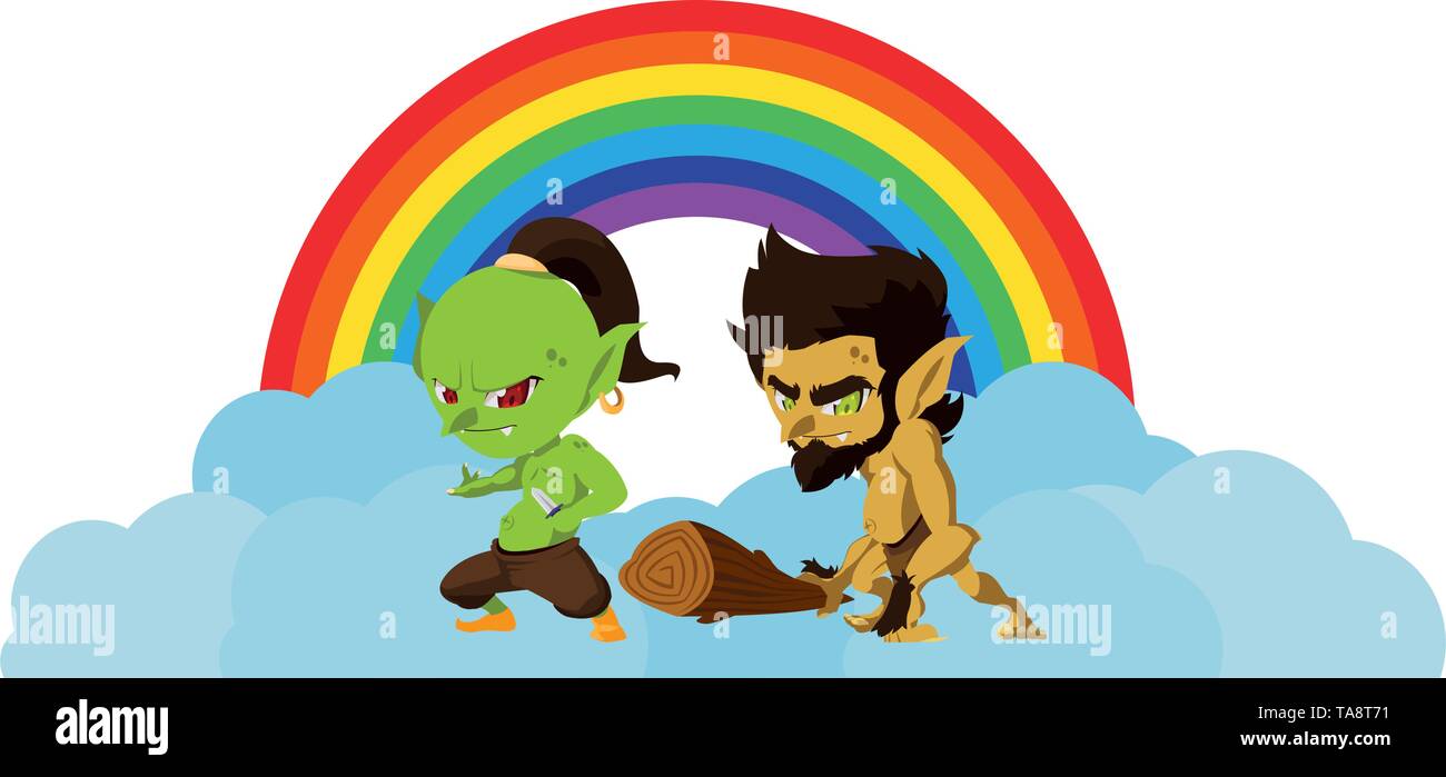 Hässliche Troll mit caveman gnome und Rainbow Vector Illustration Design Stock Vektor