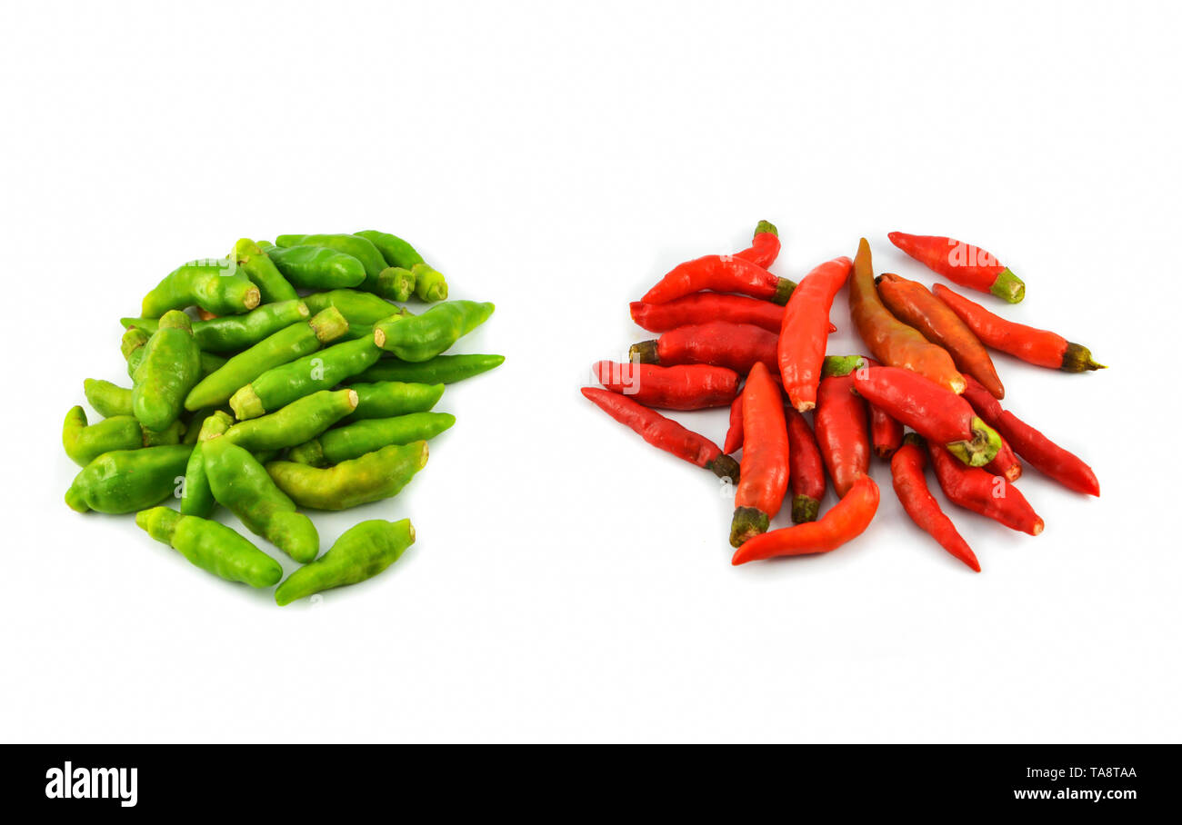 Thai grüne und rote Chili auf Weiß/andere Namen kleine Chili Padi, Bird's Eye Chili - Capsicum annuum Solanaceae Familie isoliert Stockfoto