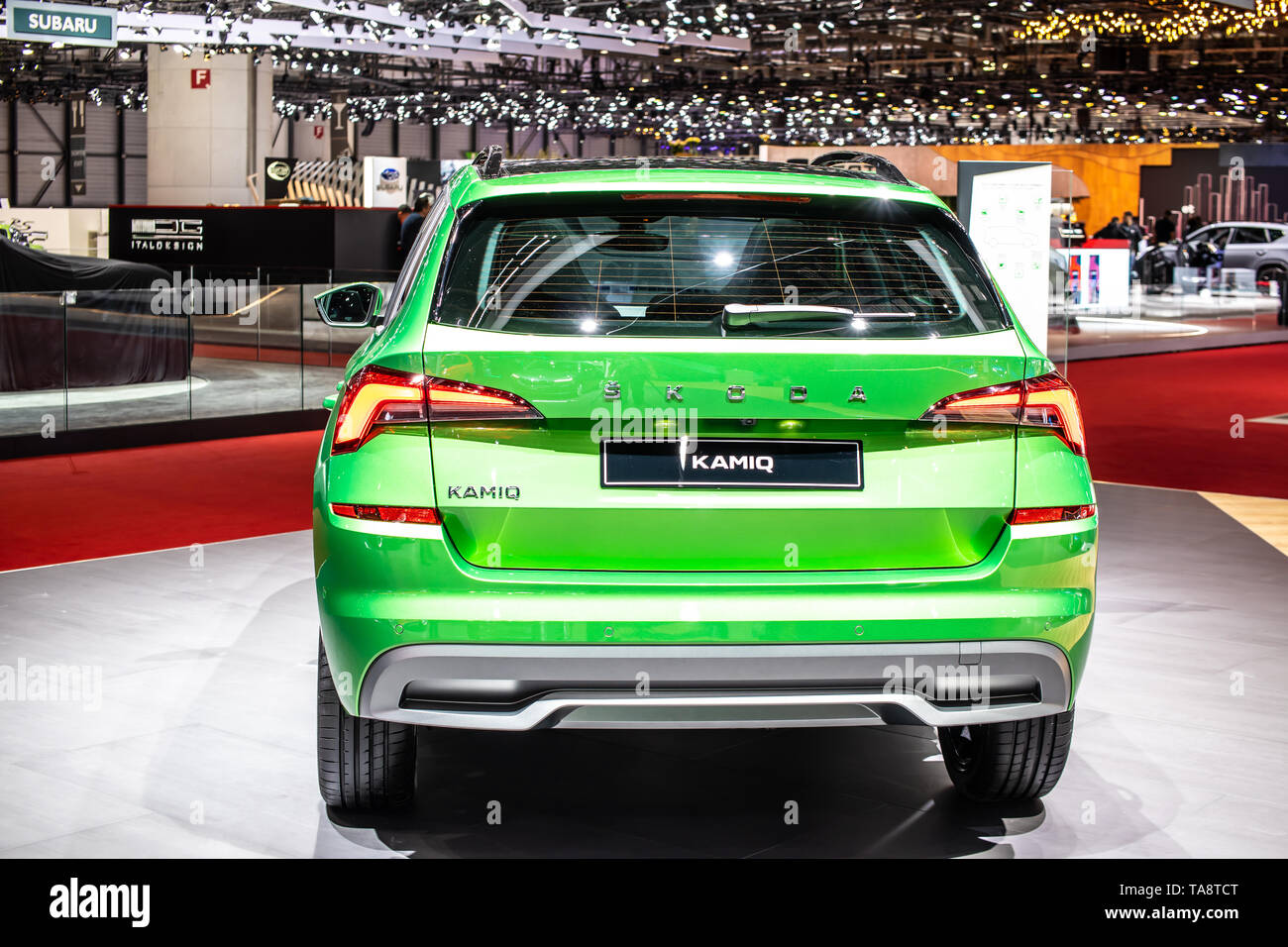 Genf, Schweiz, März 05, 2019: Weltpremiere: metallic grün Skoda Kamiq am Genfer Autosalon, MQB 0 Kleinwagen-SUV von Skoda Stockfoto