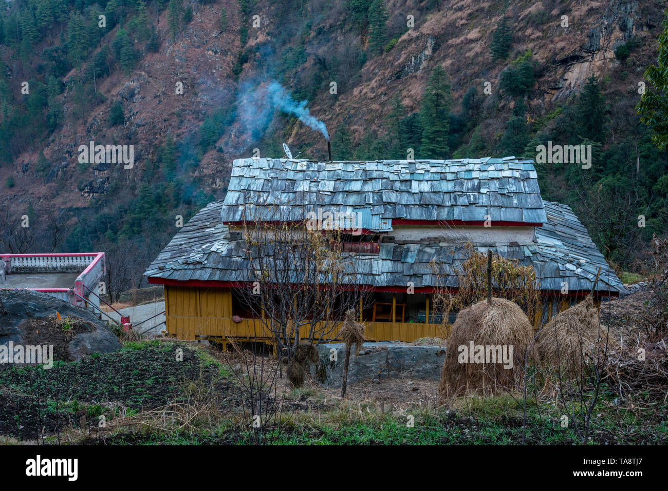 Typischen hölzernen Alpine House in himachal im Himalaya - Indien Stockfoto