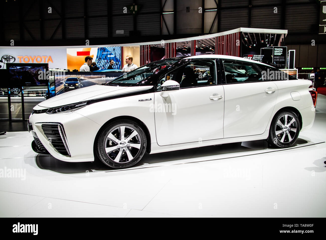 Genf, Schweiz, 05.März 2019: Toyota Mirai am Genfer Autosalon, Mid-size Wasserstoff Brennstoffzellen-PKW hergestellt von Toyota, Stockfoto