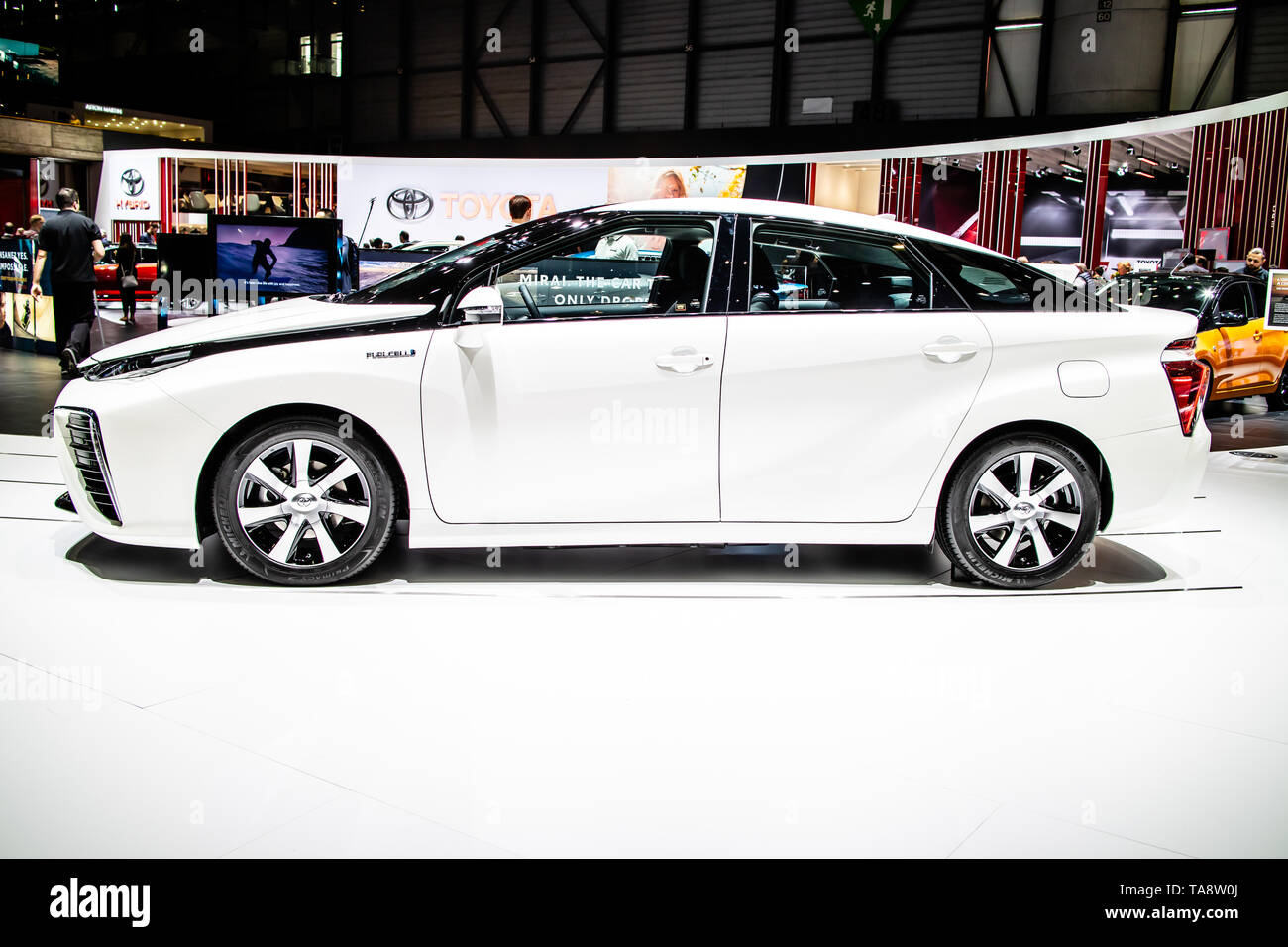 Genf, Schweiz, 05.März 2019: Toyota Mirai am Genfer Autosalon, Mid-size Wasserstoff Brennstoffzellen-PKW hergestellt von Toyota, Stockfoto