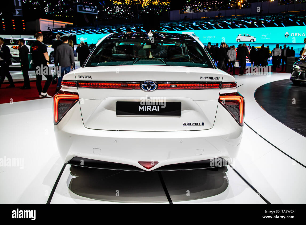 Genf, Schweiz, 05.März 2019: Toyota Mirai am Genfer Autosalon, Mid-size Wasserstoff Brennstoffzellen-PKW hergestellt von Toyota, Stockfoto