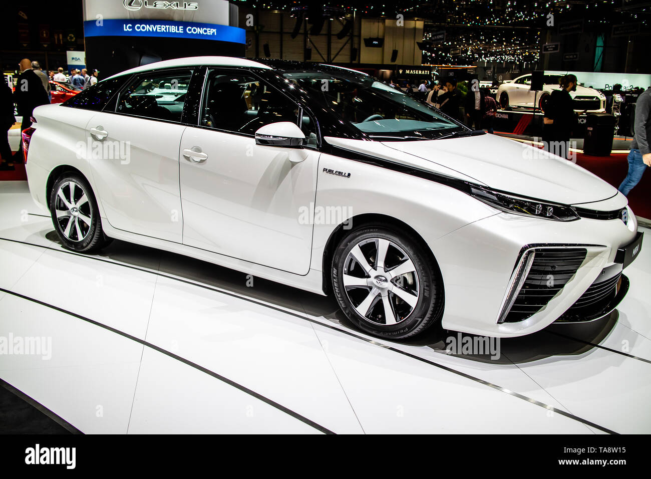 Genf, Schweiz, 05.März 2019: Toyota Mirai am Genfer Autosalon, Mid-size Wasserstoff Brennstoffzellen-PKW hergestellt von Toyota, Stockfoto
