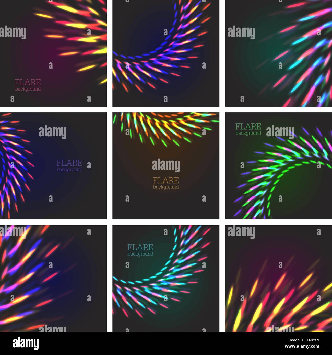 Futuristisches Lichteffektset, Sammlung von Farblinsenreflexionen und Sonnenstrahlen, Bokeh, Nachtlicht und Gasenergie-Stromkonzept-Vektor-Hintergrund Stock Vektor