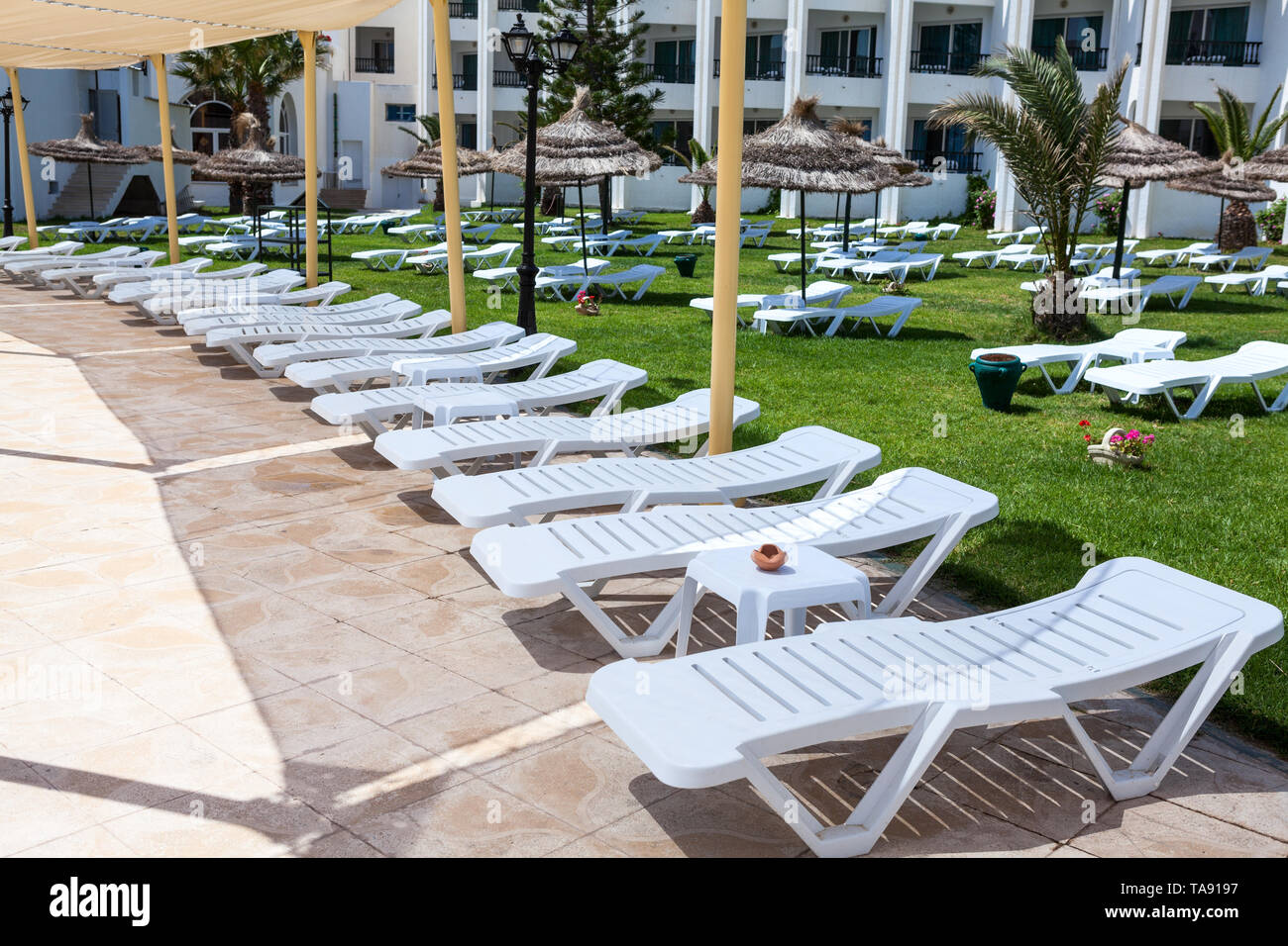 Leeren weißen Plastikliegen in Zeile in der Hotel Lounge unter riesigen Sonnensegel, niemand angeordnet, morgen. Tunesien Stockfoto