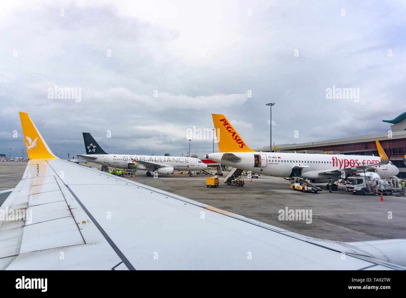 Flugzeug von Pegasus Airlines in Istanbul Sabiha Gökcen International Airport am frühen Morgen rollen, in der Türkei, Istanbul, 14.01.2019 Stockfoto