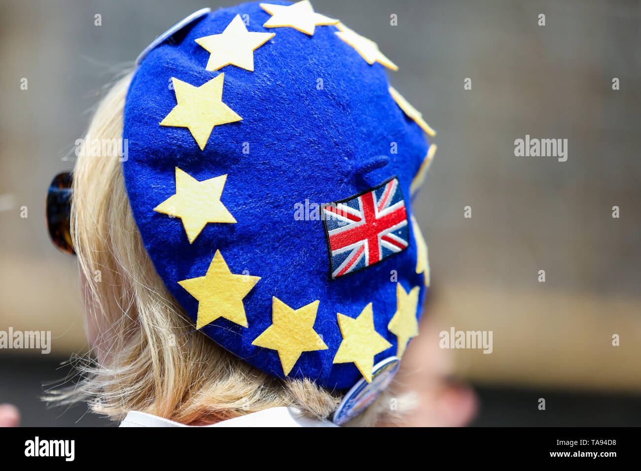 Ein anti-Brexit Demonstrator gesehen, eine Europäische Union hat während außerhalb der Houses of Parliament in Westminster, London protestiert am Vorabend der Wahlen zum Europäischen Parlament. Stockfoto