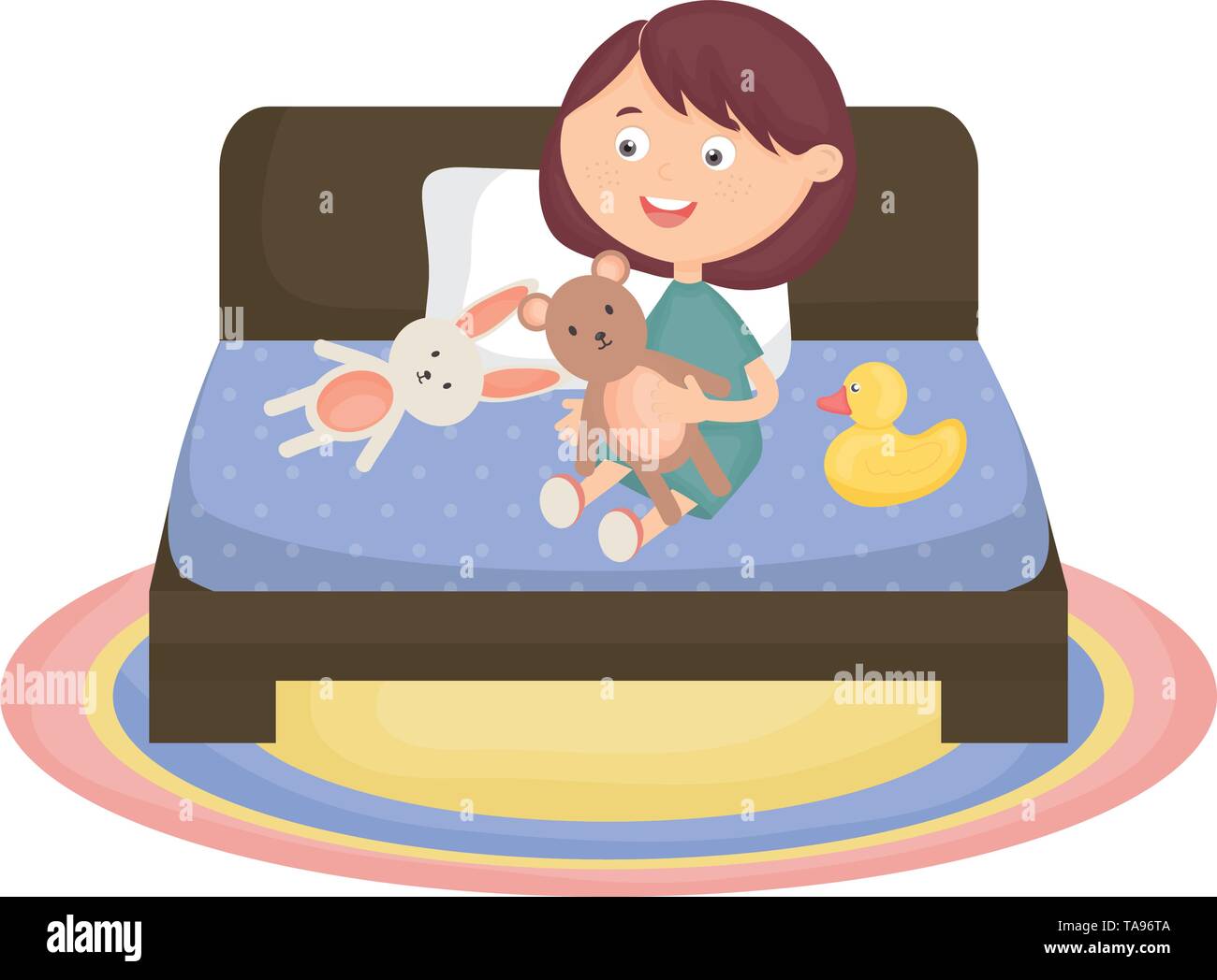 Süße kleine Mädchen mit Bär teddy und Ente im Bett Vector Illustration Design Stock Vektor
