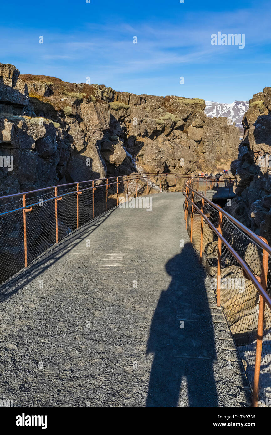 Die Schlucht Almannagjá, Rift Valley zwischen der Trennung der nordamerikanischen und der eurasischen Kontinentalplatte, in Þingvellir National Park, Island Stockfoto