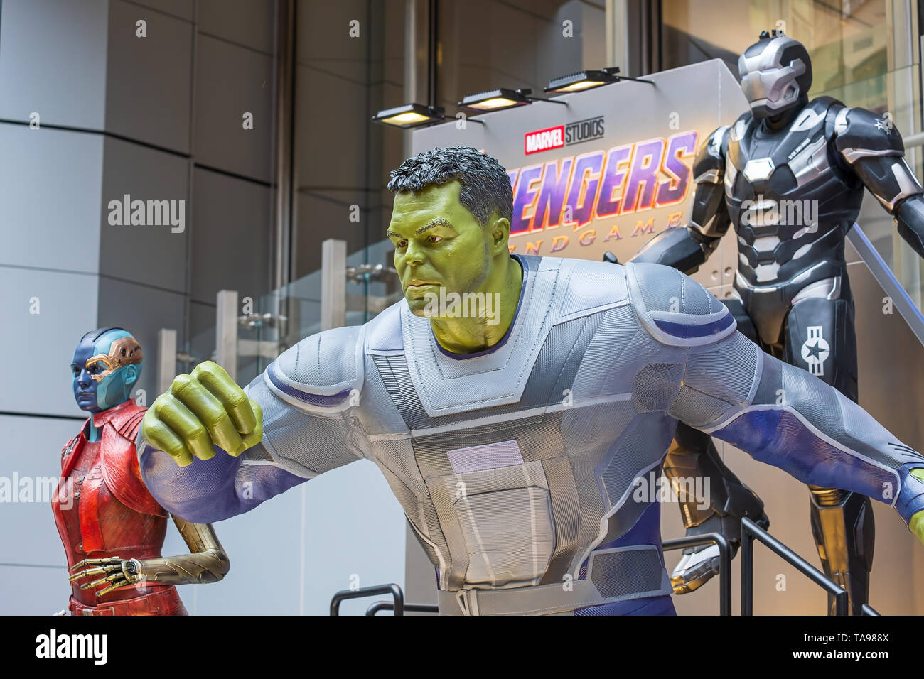 Causeway Bay, Hong Kong, China - Mai 03, 2019: Avengers 4 Charakter Modell verfügt über 1:1 lebensgroße Statuen in Hongkong, im Rahmen von Werbemaßnahmen Stockfoto