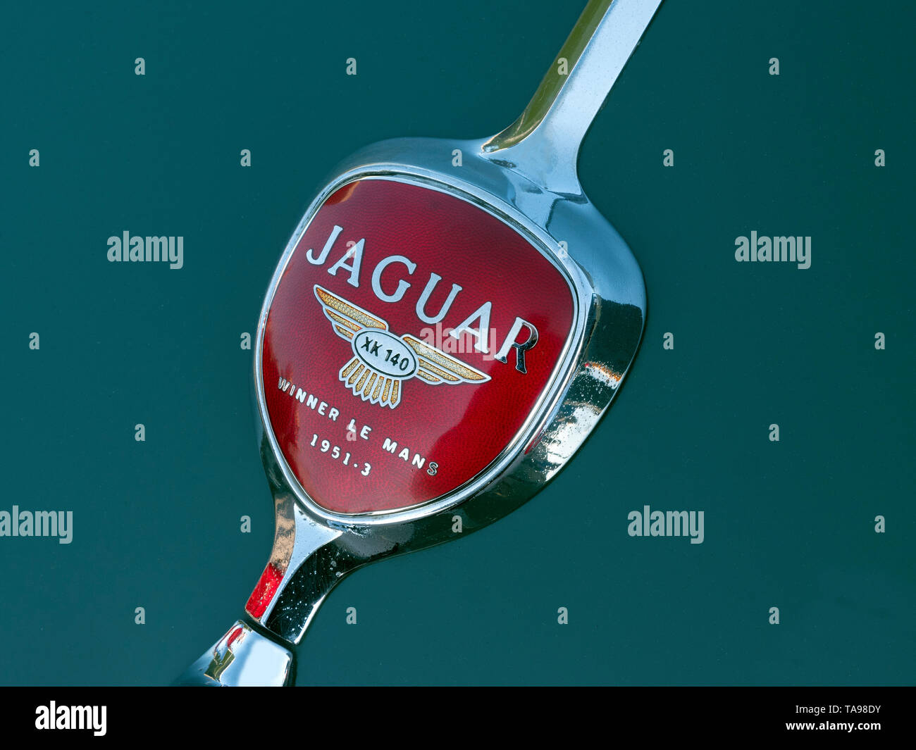 Jaguar XK 140 boot Abzeichen mit Le Mans gewinnt. Stockfoto