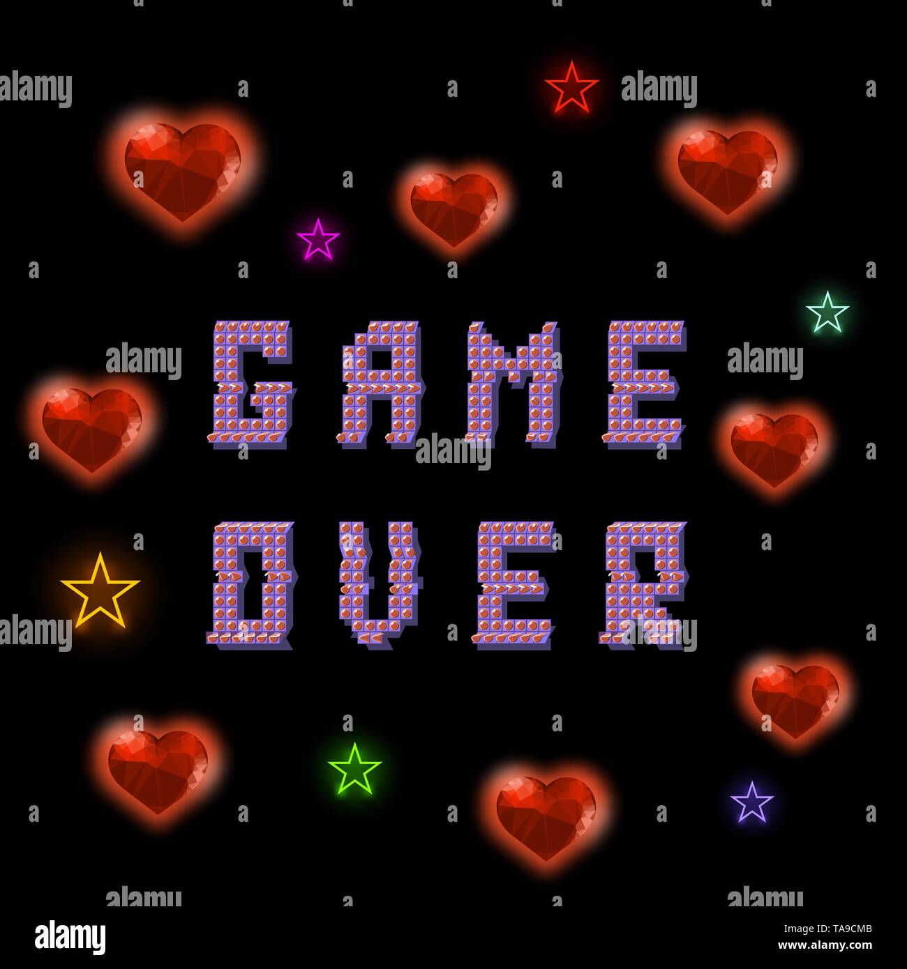 Pixel Spiel über Zeichen mit Herzen auf schwarzem Hintergrund. Spielkonzept. Farbige Glitch Farbkühlsystem. Video Spiel Bildschirm. Stock Vektor