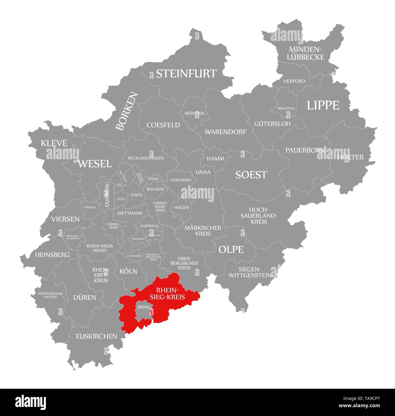 Rhein Sieg Kreis in Rot hervorgehoben Karte von Nordrhein-westfalen DE ...