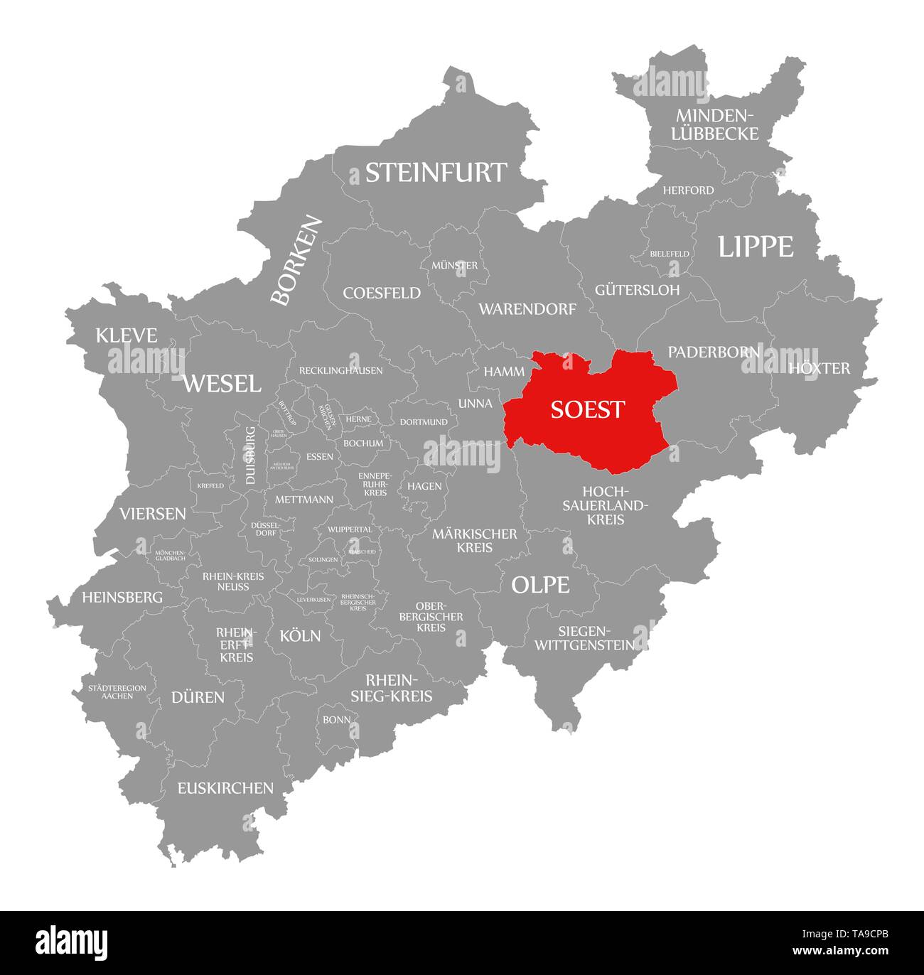 Soest in Rot hervorgehoben Karte von Nordrhein-westfalen DE Stockfoto