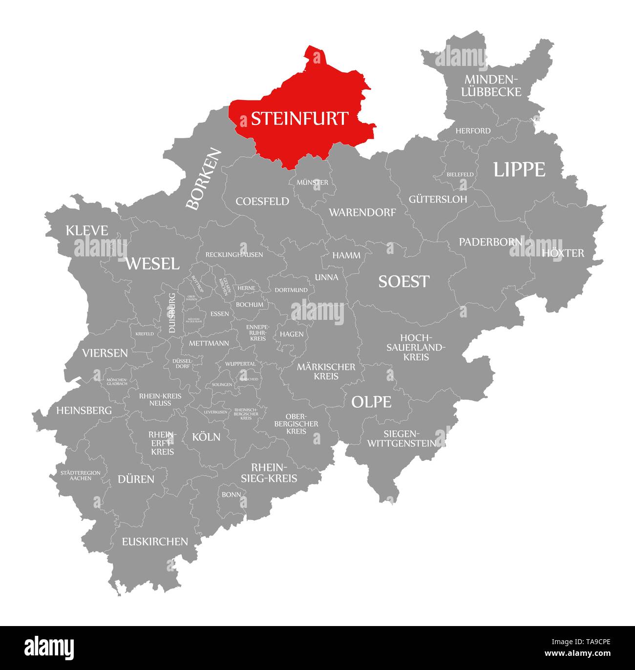 Steinfurt in Rot hervorgehoben Karte von Nordrhein-westfalen DE Stockfoto