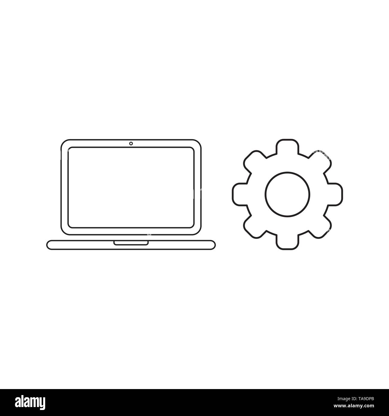 Vektor icon Konzept der Laptop mit Zahnrad. Schwarzen umrissen. Stock Vektor