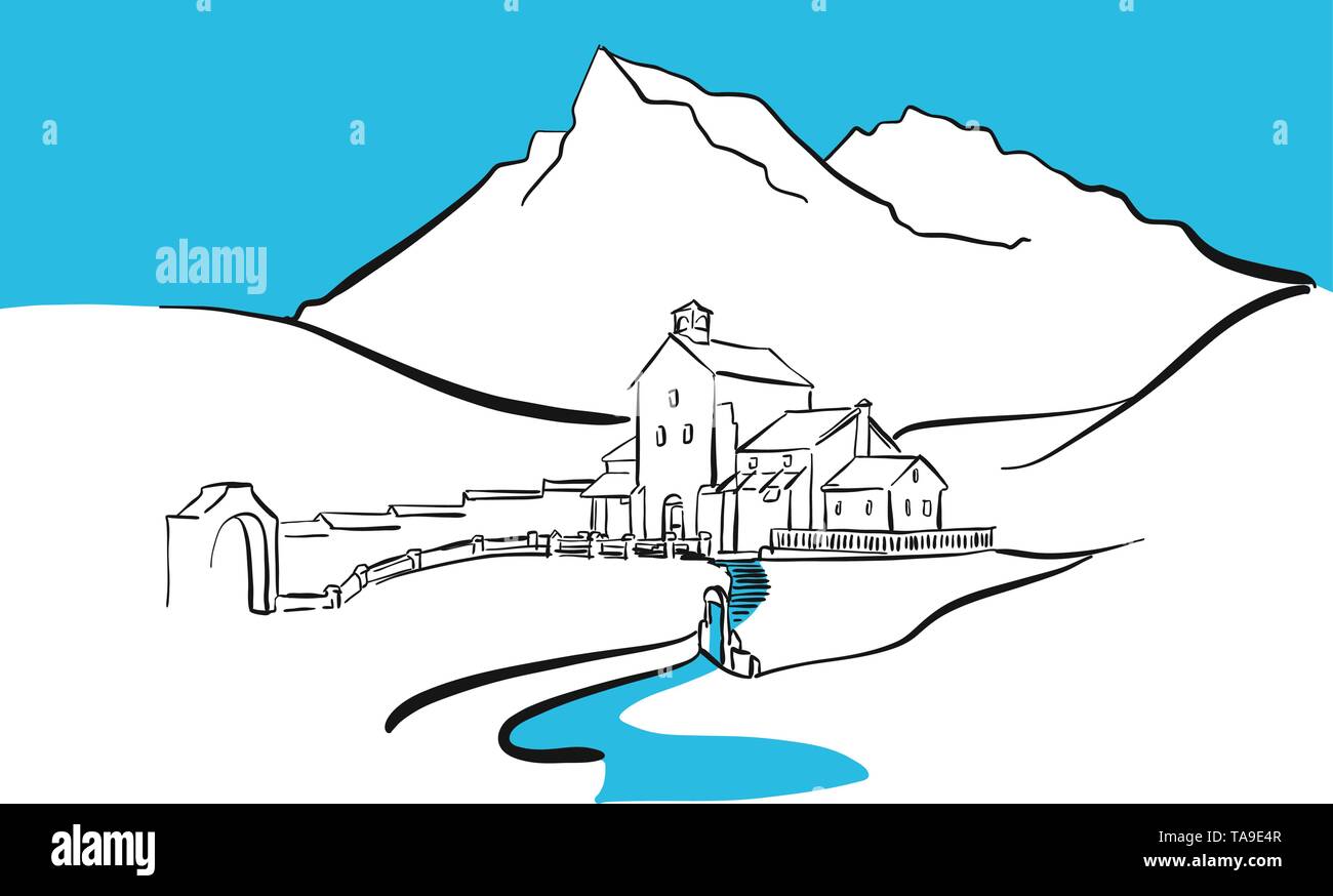 Alter Bauernhof in den Bergen. Saubere Skizze, handgezeichnete Vektorgrafiken für Architektur und Kommunikation Projekte. Stock Vektor