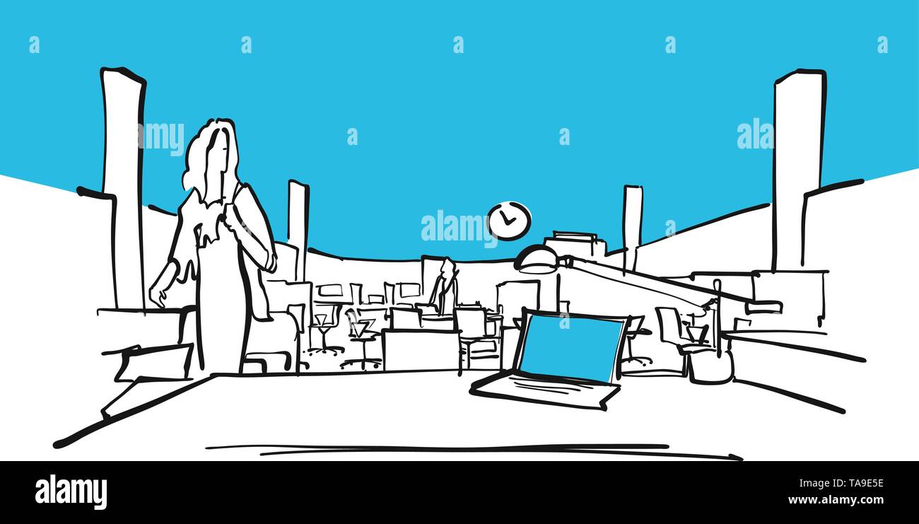 Büro zimmer Zeichnung mit Uhr. Hand Vektorgrafiken für Architektur und Kommunikation Projekte erstellt. Stock Vektor