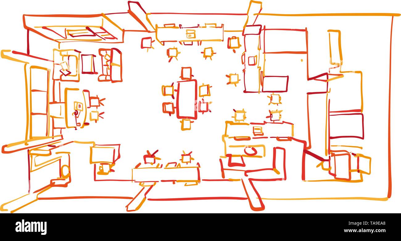 Bunte Büro Ansicht von oben. Hand Vektorgrafiken für Architektur und Kommunikation Projekte erstellt. Stock Vektor