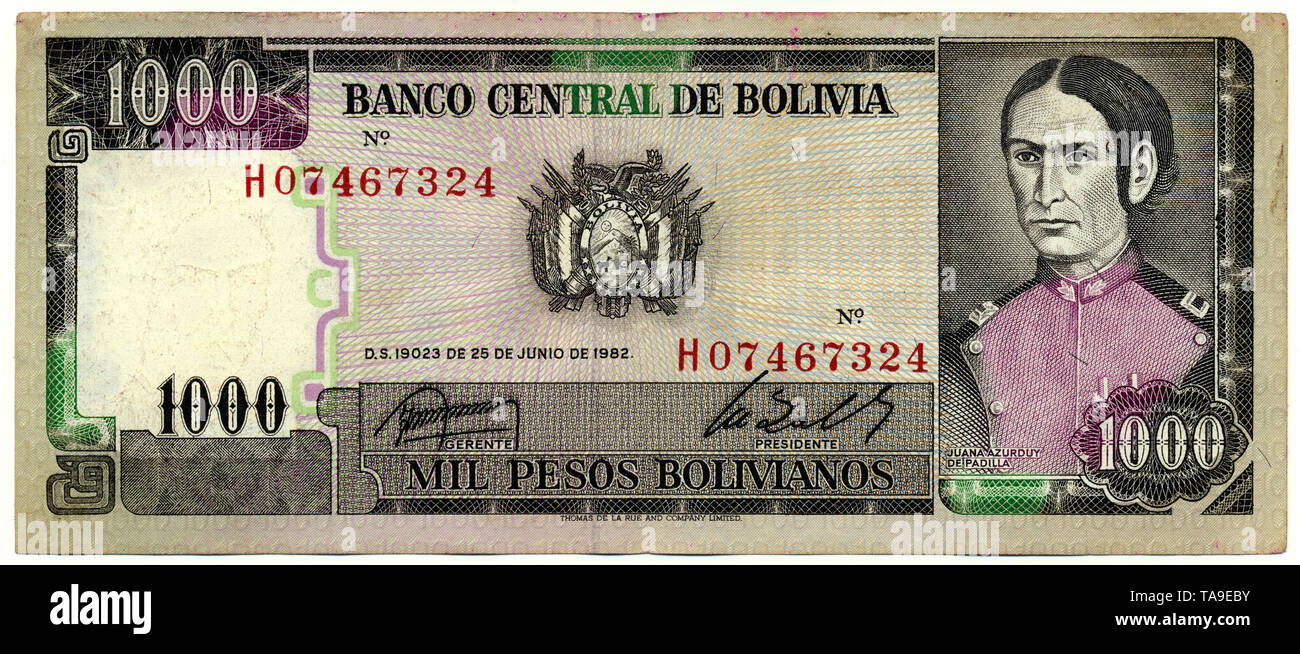 Historische Banknote, 1000 Peso, Dona Juana Azurduy de Padilla, 1982, Bolivien, Banknote aus Bolivien Stockfoto