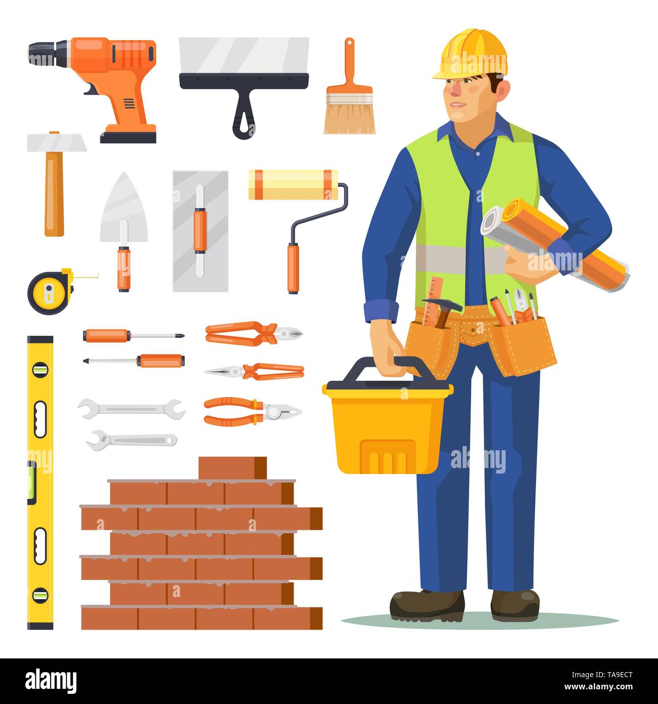 Builder Mann und Symbole für den Bau Stock Vektor
