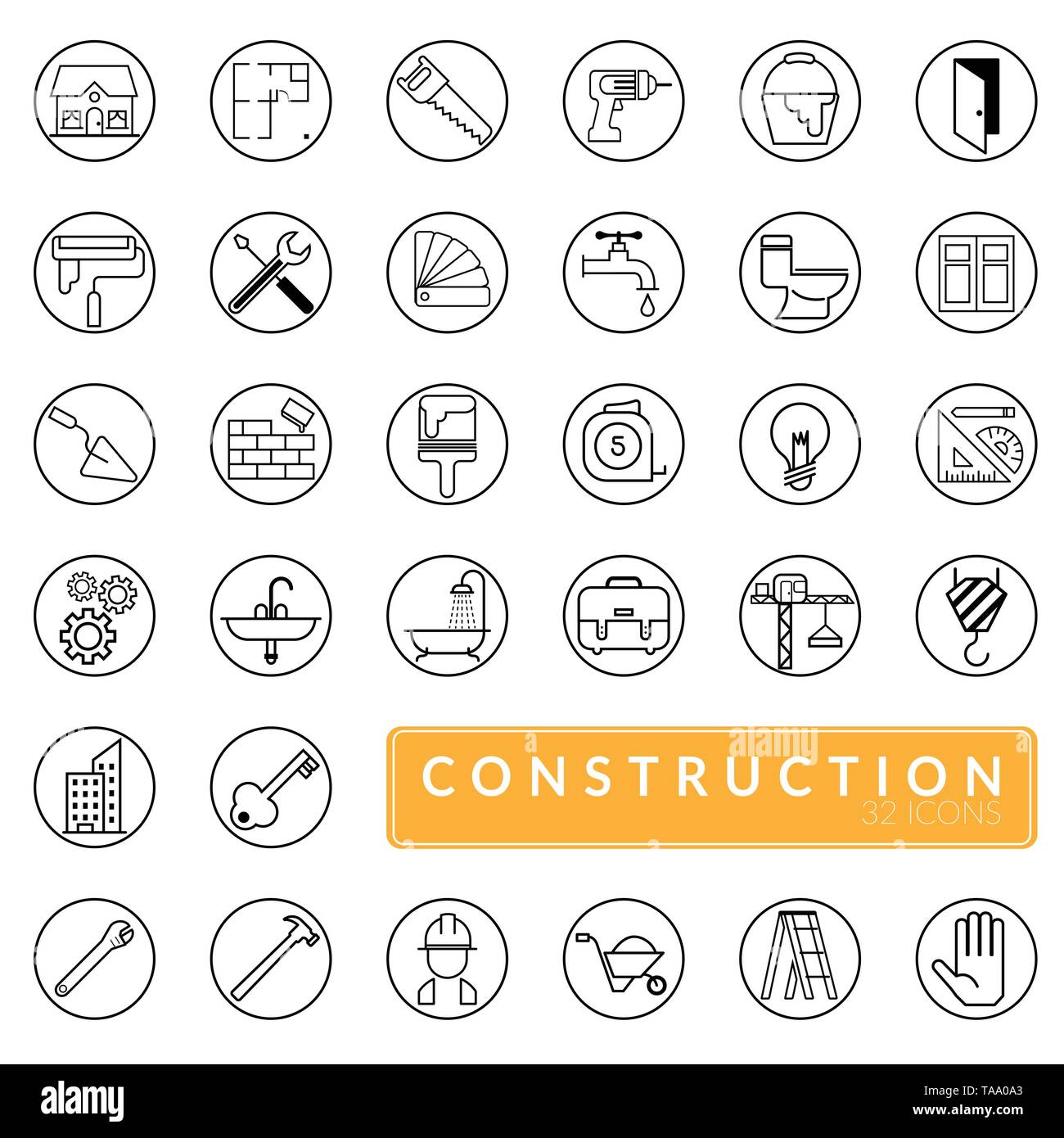 Der Vektor der Umrisse Construction Set Symbole. Gebäude, Bau, Reparatur und Renovierung Tools Stock Vektor