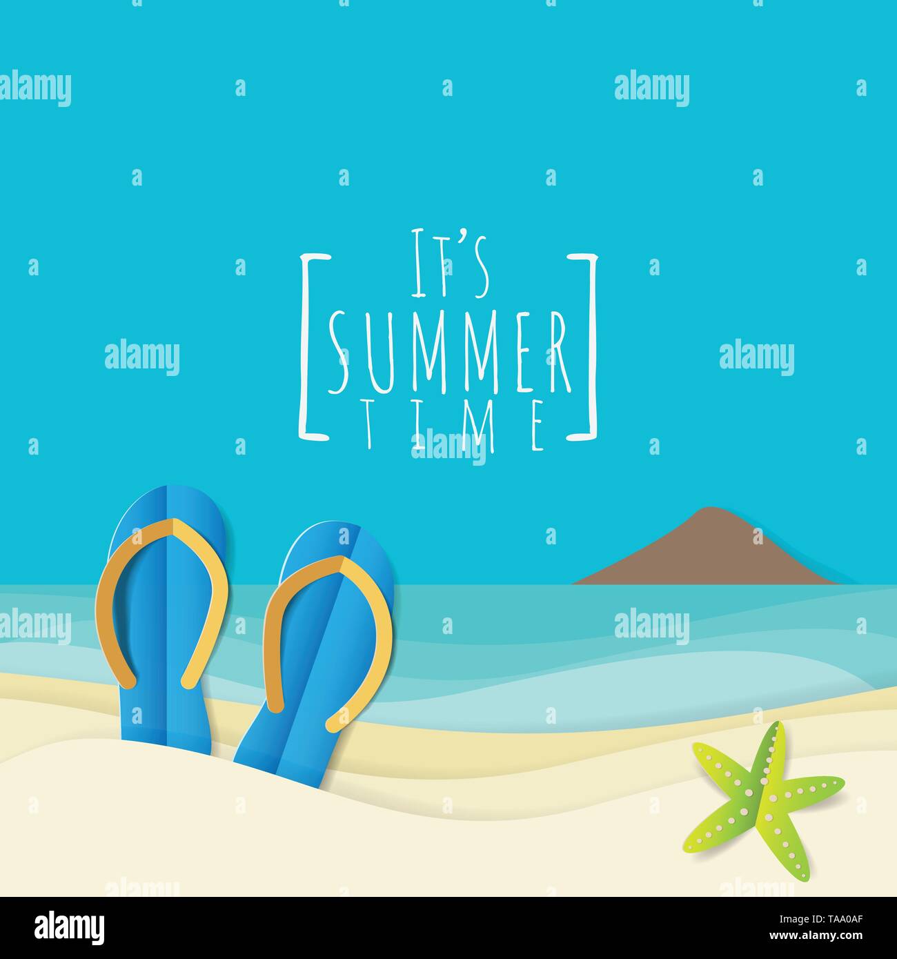 Der Vektor der Flip Flops, Slipper und Seesterne am Sandstrand vor blauem Meer und Himmel Hintergrund. Sommer Urlaub Konzept Stock Vektor