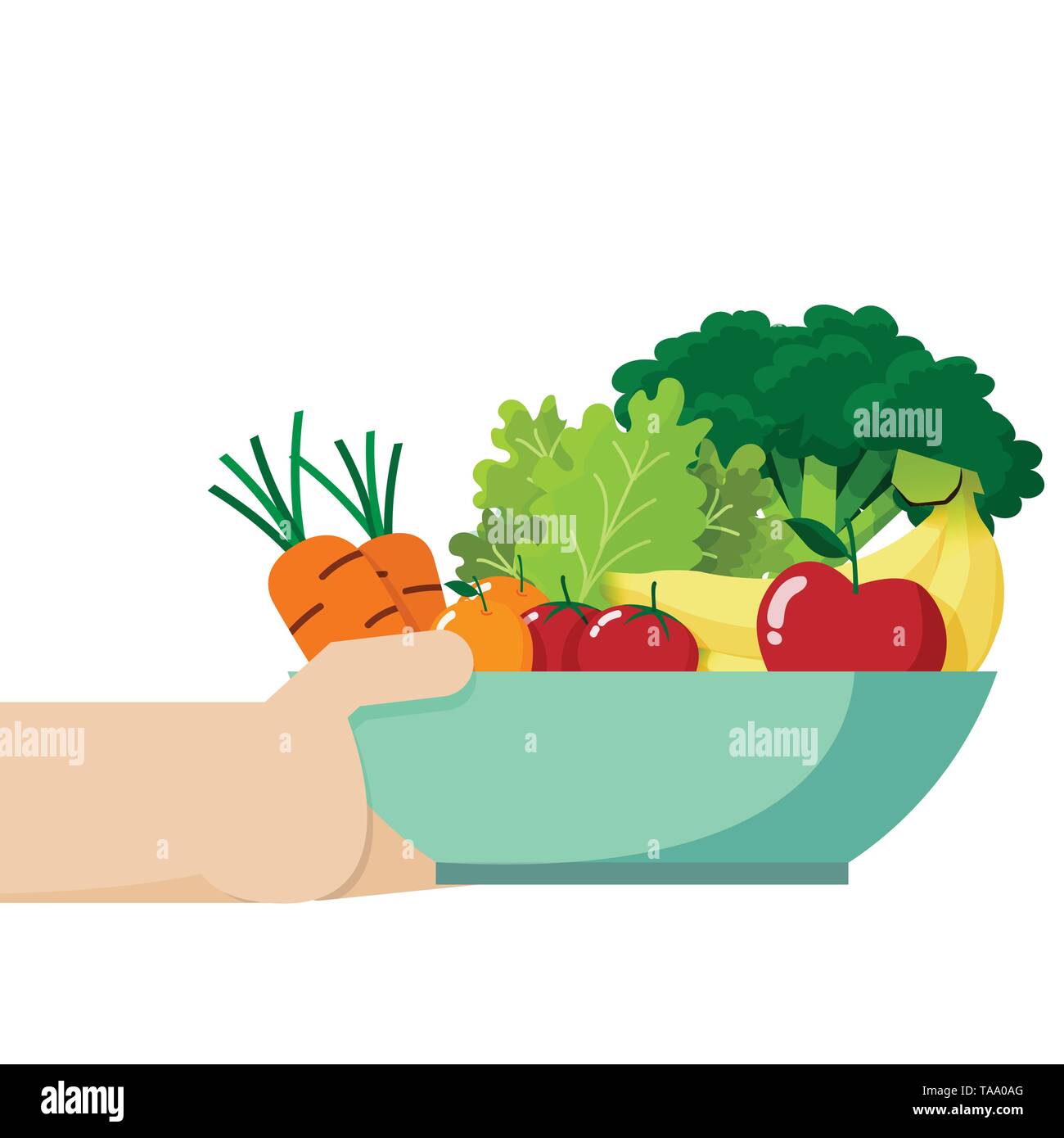 Hand hält eine Schüssel voll mit frischem Gemüse und Obst im Inneren, auf weißem Hintergrund mit Kopie Raum isoliert werden. Stock Vektor