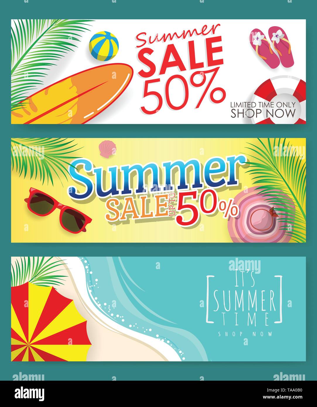 Packung mit 3 Vorlage Banner für Summer Sale Werbeaktion mit Strand Zubehör Hintergrund. Vektor Summer Sale Hintergrund für Banner, Poster, flye Stock Vektor