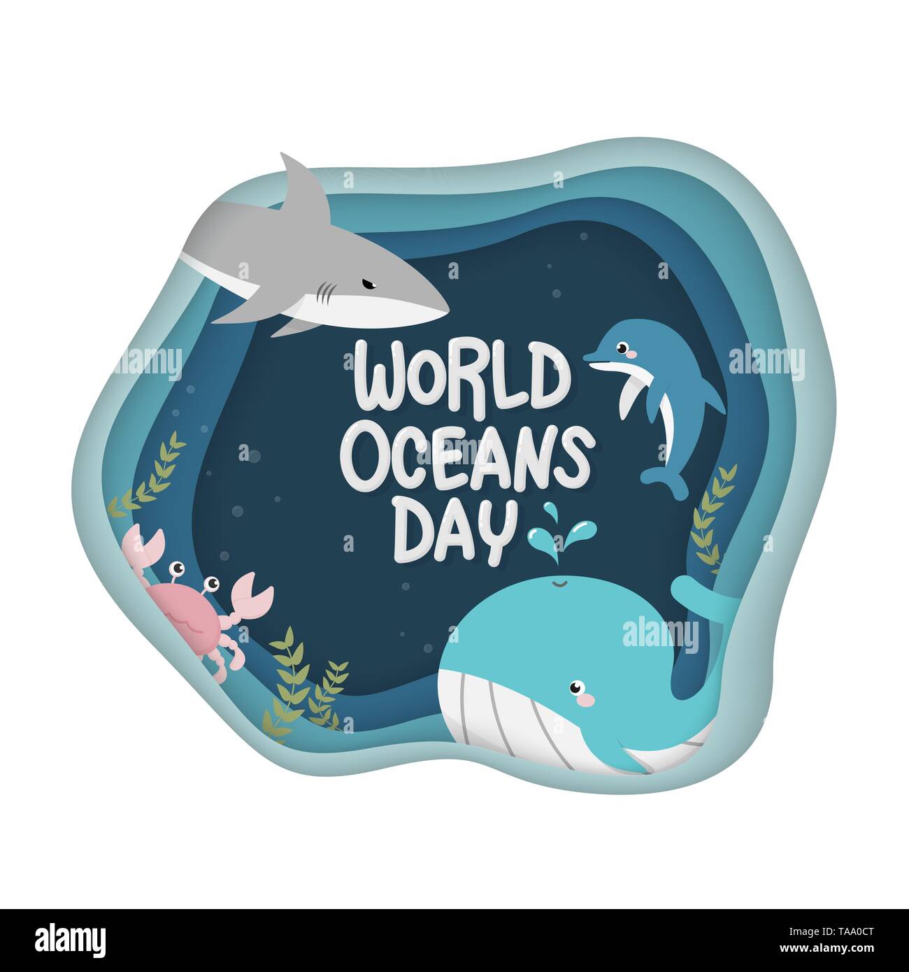 Welttag der Ozeane. Vektor der Unterwasserwelt für die Feier engagierten schützen, und die Erhaltung der Weltmeere, Wasser, Ökosystem und die Öffentlichkeit o Informieren Stock Vektor