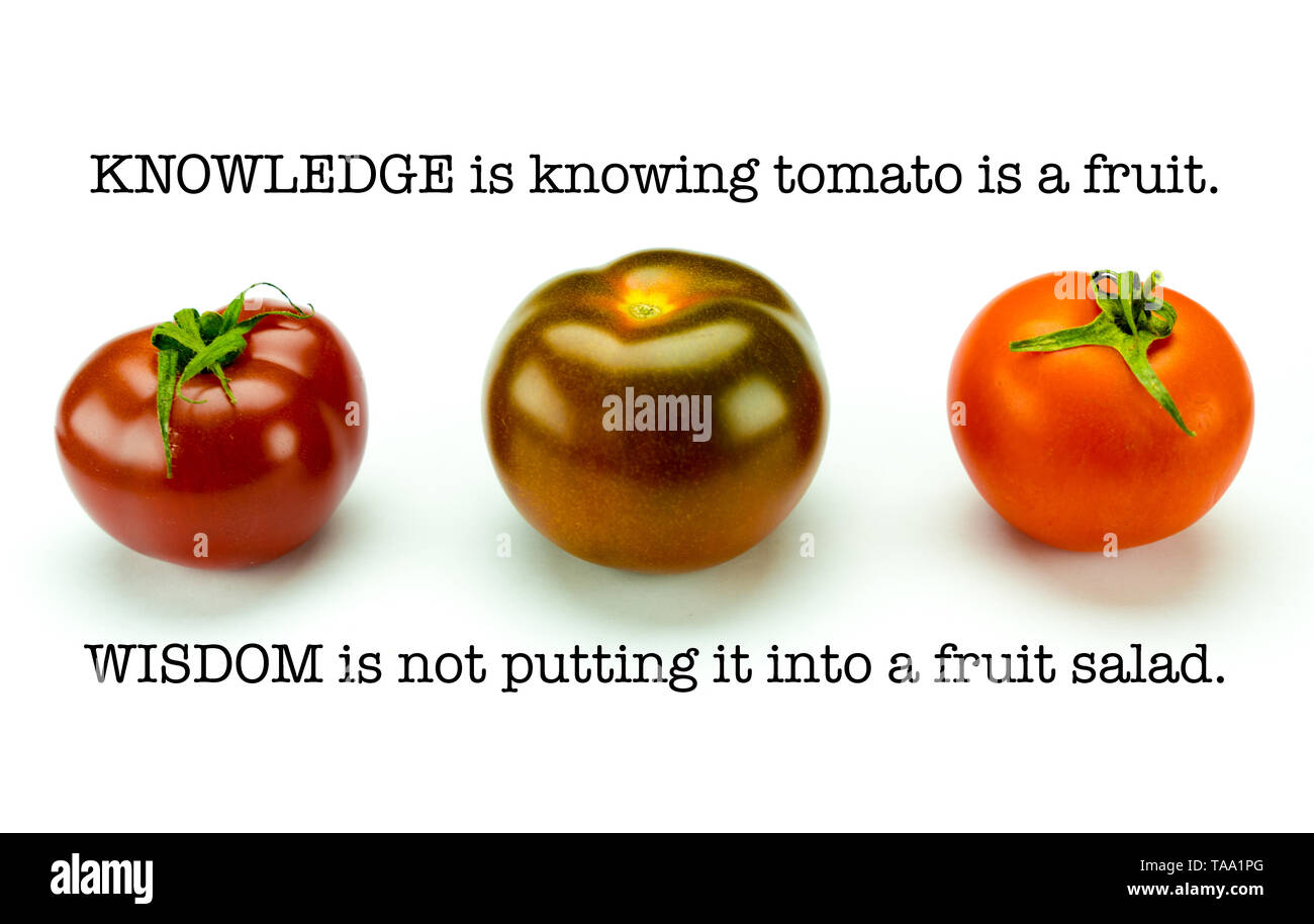 Drei farbenfrohe Bio Tomaten und eine clevere Sagen über was wir wissen und wie Sie es anwenden. Stockfoto