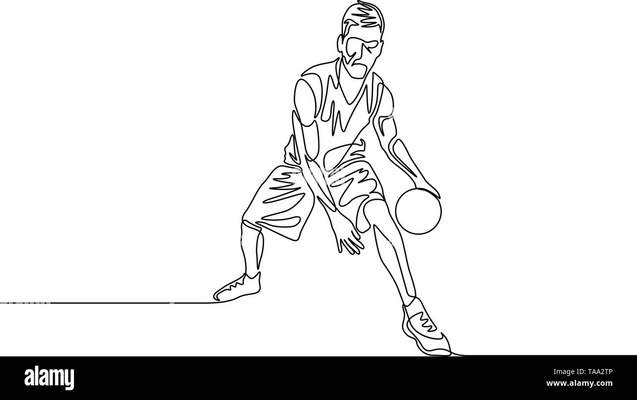 Kontinuierliche eine Strichzeichnung Basketballspieler Dribbling den Ball zwischen den Beinen Stock Vektor