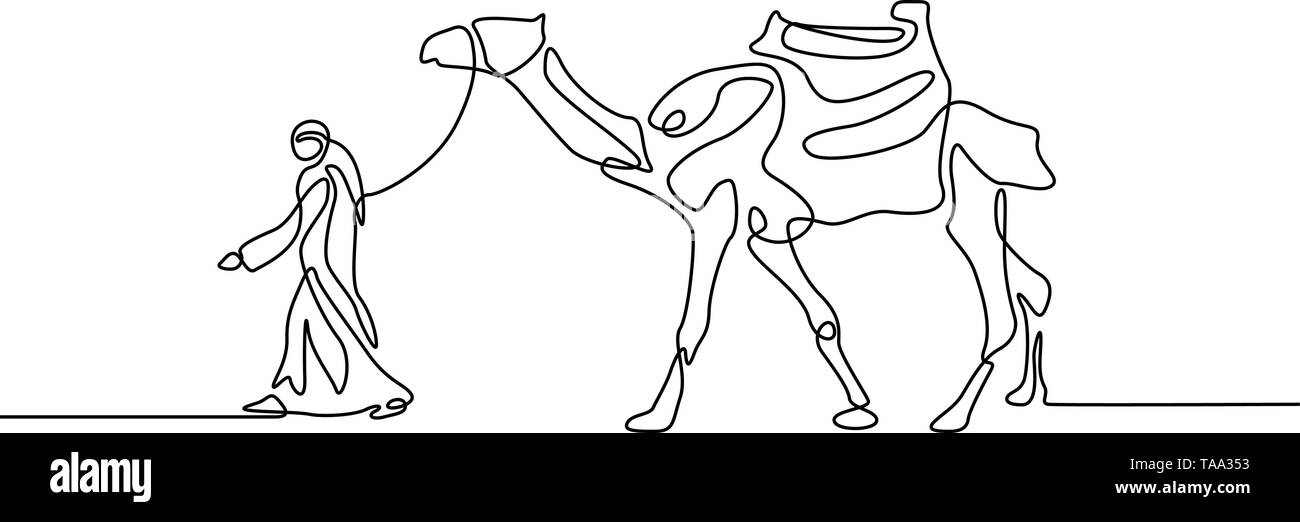 Durchgehende Linie zeichnen Mann führt ein Kamel. Vector Illustration. Stock Vektor Durchgehende Linie zeichnen Mann führt ein Kamel. Vector Illustration. Stock Vektor
