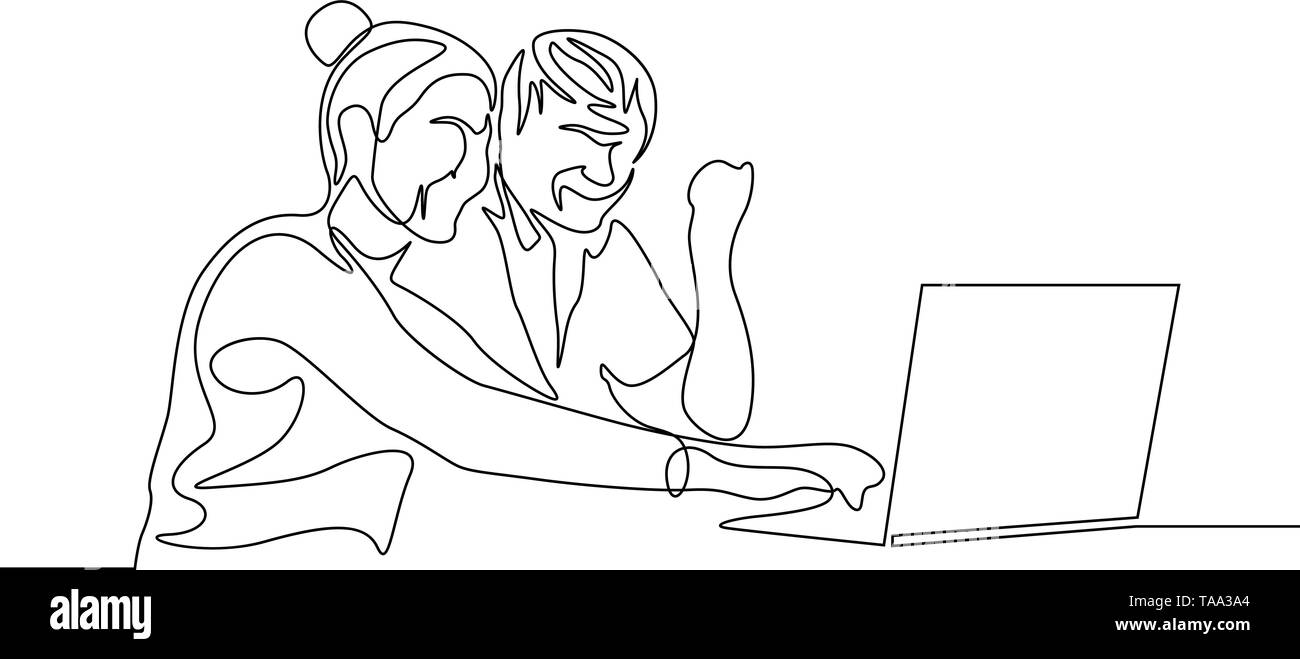Durchgehende Linie zeichnen glückliches Paar von Mann und Frau mit Laptop Stock Vektor