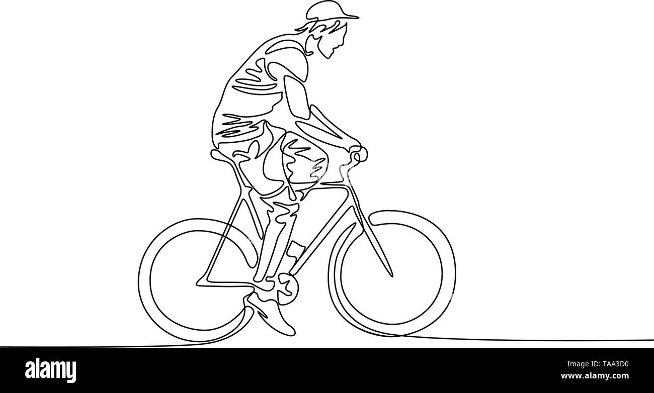 Kontinuierliche eine Strichzeichnung Mann in eine Kappe mit dem Fahrrad Stock Vektor