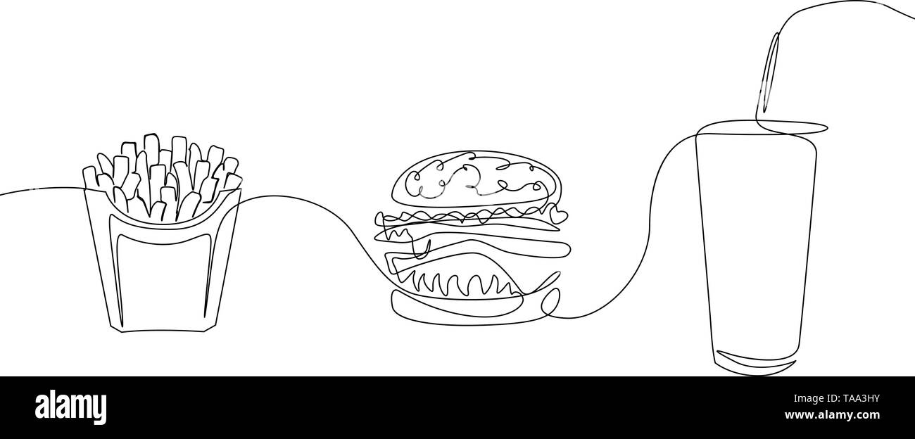 Kontinuierliche eine Strichzeichnung fastfood Pommes, Hamburger und ein Glas soda Stock Vektor