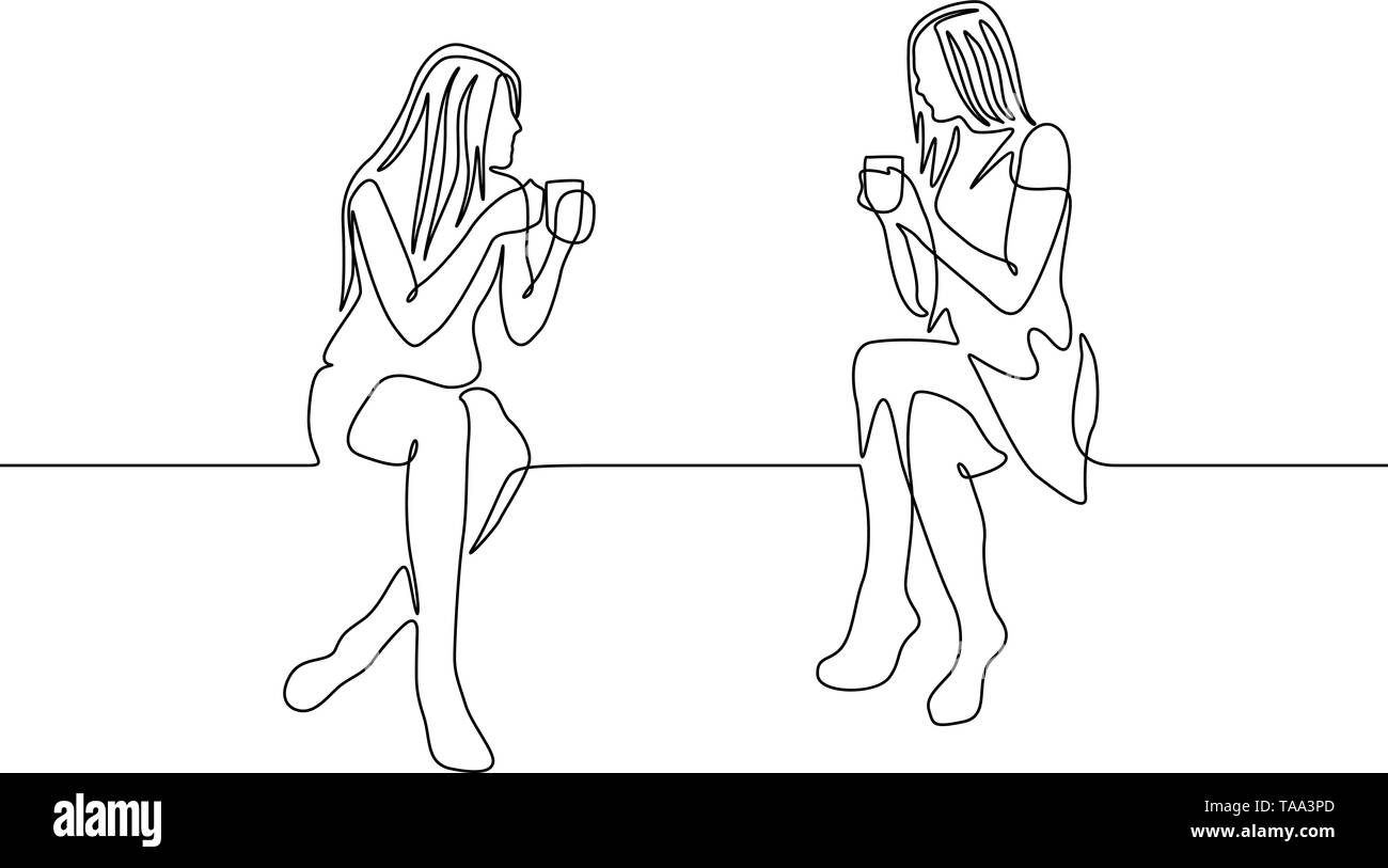 Kontinuierliche eine Linie zeichnen zwei womans bei einer Tasse Kaffee plaudern Stock Vektor